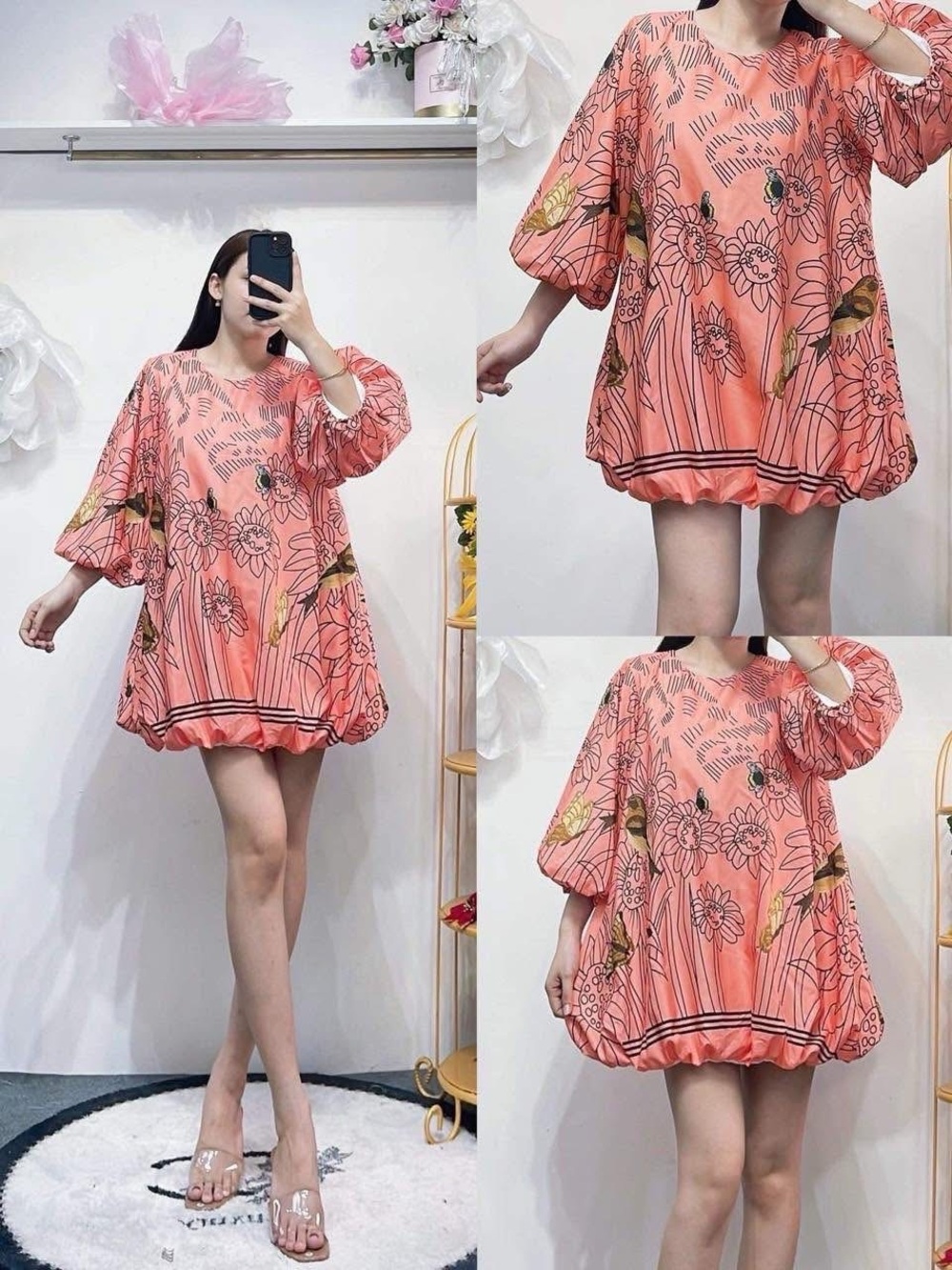 Playful Floral Puff-Sleeve Mini Dress in Coral Pink